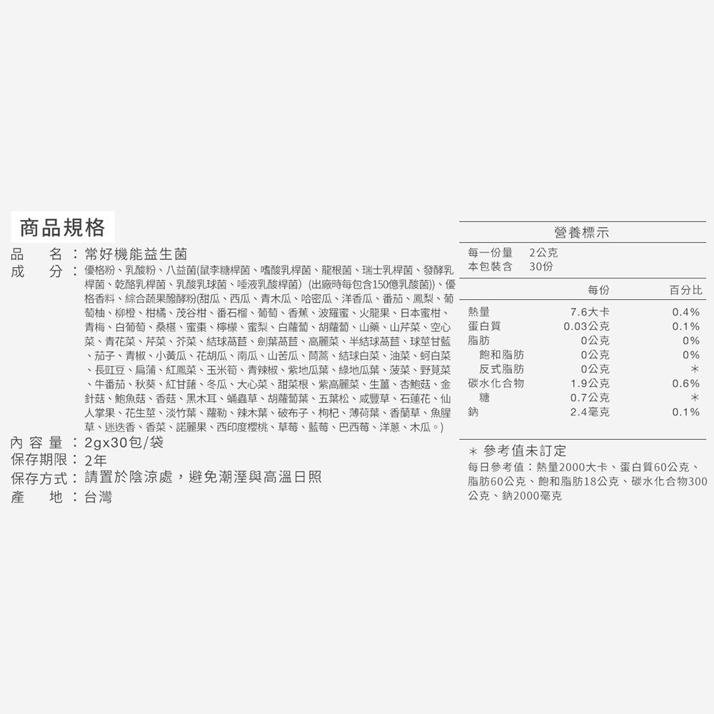 商品規格名:常好機能益生菌分:優格粉、乳酸粉、八益菌(鼠李糖桿菌、嗜酸乳桿菌、龍根菌、瑞士乳桿菌、發酵乳桿菌、乾酪乳桿菌、乳酸乳球菌、唾液乳酸桿菌)(出廠時每包含150億乳酸菌))、優格香料、綜合蔬果酵粉(甜瓜、西瓜、青木瓜、哈密瓜、洋香瓜、番茄、鳳梨、葡萄柚、柳橙、柑橘、茂谷柑、番石榴、葡萄、香蕉、波羅蜜、火龍果、日本蜜柑、青梅、白葡萄、桑椹、蜜棗、檸檬、蜜梨、白蘿蔔、胡蘿蔔、山藥、山芹菜、空心菜、青花菜、芹菜、芥菜、結球萵苣、劍葉萵苣、高麗菜、半結球萵苣、球莖甘藍、茄子、青椒、小黃瓜、花胡瓜、南瓜、山苦瓜、茼蒿、結球白菜、油菜、蚵白菜、長豇豆、扁蒲、紅鳳菜、玉米筍、青辣椒、紫地瓜葉、綠地瓜葉、菠菜、野莧菜、牛番茄、秋葵、紅甘藷、冬瓜、大心菜、甜菜根、紫高麗菜、、杏鮑菇、金針菇、鮑魚菇、香菇、黑木耳、蛹蟲草、胡蘿蔔葉、五葉松、咸豐草、石蓮花、仙人掌果、花生莖、淡竹葉、蘿勒、辣木葉、破布子、枸杞、薄荷葉、香蘭草、魚腥草、迷迭香、香菜、諾麗果、西印度櫻桃、草莓、藍莓、巴西莓、洋蔥、木瓜)內容量:2gx30包/袋保存期限:2年保存方式:請置於陰涼處,避免潮溼與高溫日照產地:台灣熱量蛋白質脂肪營養標示每一份量本包裝含2公克每份百分比7.6大卡0.4%0.03公克0.1%公克0%飽和脂肪反式脂肪碳水化合物公克0%公克1.9公克0.6%糖0.7公克2.4毫克0.1%鈉*參考值未訂定每日參考值:熱量2000大卡、蛋白質60公克、脂肪60公克、飽和脂肪18公克、碳水化合物300公克、鈉2000毫克