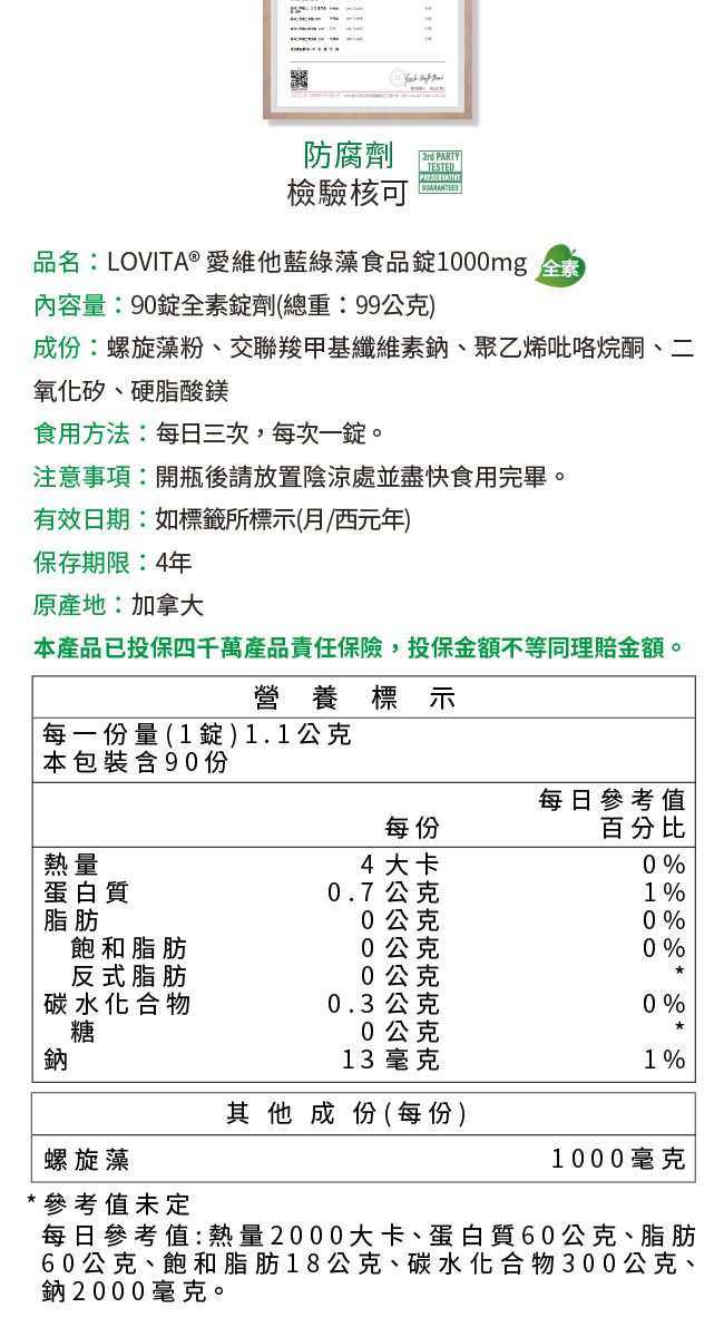 防腐劑 PARTYTESTED檢驗核可品名:LOVITA® 愛維他藍綠藻食品錠1000mg 全素內容量:90錠全素錠劑(總重:99公克)成份:螺旋藻粉、交聯羧甲基纖維素鈉、聚乙烯吡咯烷酮、二氧化矽、硬脂酸鎂食用方法:每日三次,每次一錠。注意事項:開瓶後請放置陰涼處並盡快食用完畢。有效日期:如標籤所標示(西元年)保存期限:4年原產地:加拿大本產品已投保四千萬產品責任保險,投保金額不等同理賠金額。營養標示每一 ( 1 錠 ) 1.1公克本包裝含90份每日參考值每份百分比熱量4大卡0%蛋白質0.7公克1%脂肪0公克0%飽和脂肪0公克0%反式脂肪0公克碳合物0.3公克0%0公克鈉13 毫克1%其他成份(每份)螺旋藻1000毫克*參考值未定每日參考值:熱量2000大卡、蛋白質60公克、脂肪60公克、飽和脂肪18公克、碳水化合物300公克鈉2000毫克。