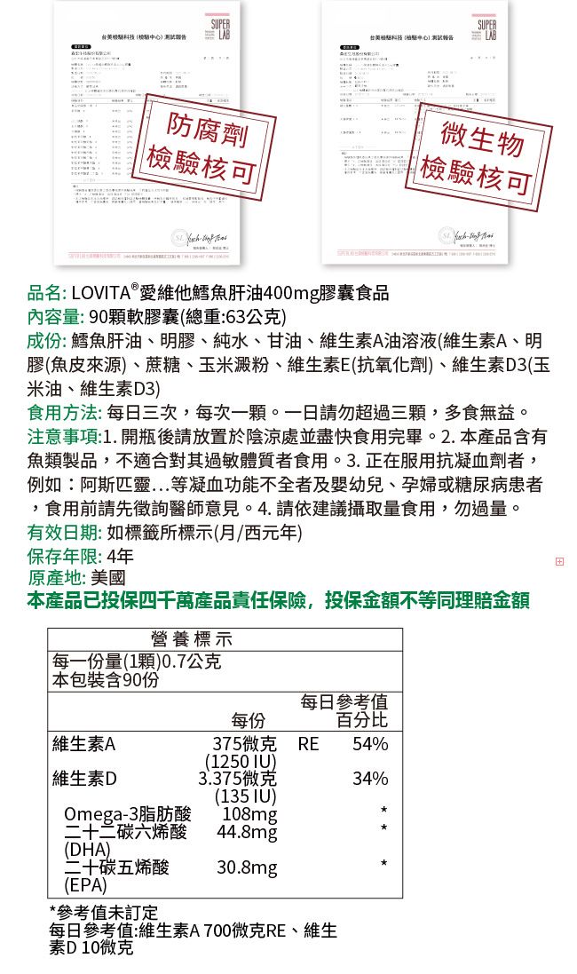 SUPER)科技(中心測試微生物防腐劑檢驗核可檢驗核可  品名:LOVITA 愛維他鱈魚肝油400mg膠囊食品內容量:90顆軟膠囊(總重:63公克)成份:鱈魚肝油明膠、純水、甘油、維生素A油溶液(維生素A、明膠(魚皮來源)、蔗糖、玉米澱粉、維生素E(抗氧化劑)、維生素D3(玉米油、維生素D3)食用方法:每日三次,每次一顆。請勿超過三顆,多食無益。注意事項:1.開瓶後請放置於陰涼處並盡快食用完畢。2.本產品含有魚類製品,不適合其過敏體質者食用。3.正在服用抗凝血劑者,例如:阿斯匹靈等凝血功能不全者及嬰幼兒、孕婦或糖尿病患者,食用前請先徵詢醫師意見。4.請依建議攝取量食用,勿過量。有效日期:如標籤所標示(月西元年)保存年限:4年原產地:美國本產品已投保千萬產品責任保險,投保金額不等同理賠金額營養標示每一份量(1顆)0.7公克 本包裝含90份每日參考值每份百分比維生素A維生素D375微克RE54%(1250 IU)3.375微克34%(135 IU)Omega-3脂肪酸˙108mg二十二碳六烯酸44.8mg(DHA)二十碳五烯酸 30.8mg(EPA)*參考值未訂定每日參考值:維生素A700微克RE、維生素D10微克