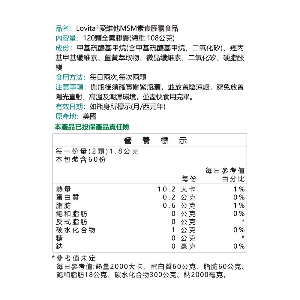 品名:Lovita ®愛維他MSM素食膠囊食品內容量:120顆全素膠囊(總重:108公克)成份:甲基硫醯基甲烷(含甲基硫醯基甲烷、二氧化矽)、羥丙基甲基纖維素、薑黃萃取物、微晶纖維素、二氧化矽、硬脂酸鎂食用方法:每日兩次,每次兩顆注意事項: 開瓶後須確實關緊瓶蓋,並放置陰涼處,避免放置陽光直射、高溫及潮濕環境,並盡快食用完畢。有效日期:如瓶身所標示(西元年)原產地:美國本產品已投保產品責任險營養標示每一份量(2顆)1.8公克本包裝含60份熱量蛋白質脂肪飽和脂肪反式脂肪碳水化合物鈉參考值未定每日參考值每份百分比10.2 大卡1 %0.2 公克0%0.6 公克1%0 公克0%0 公克*1 公0%0*0 毫克0%每日參考值:熱量2000大卡、蛋白質60公克、脂肪60公克、飽和脂肪18公克、碳水化合物300公克、鈉2000毫克。