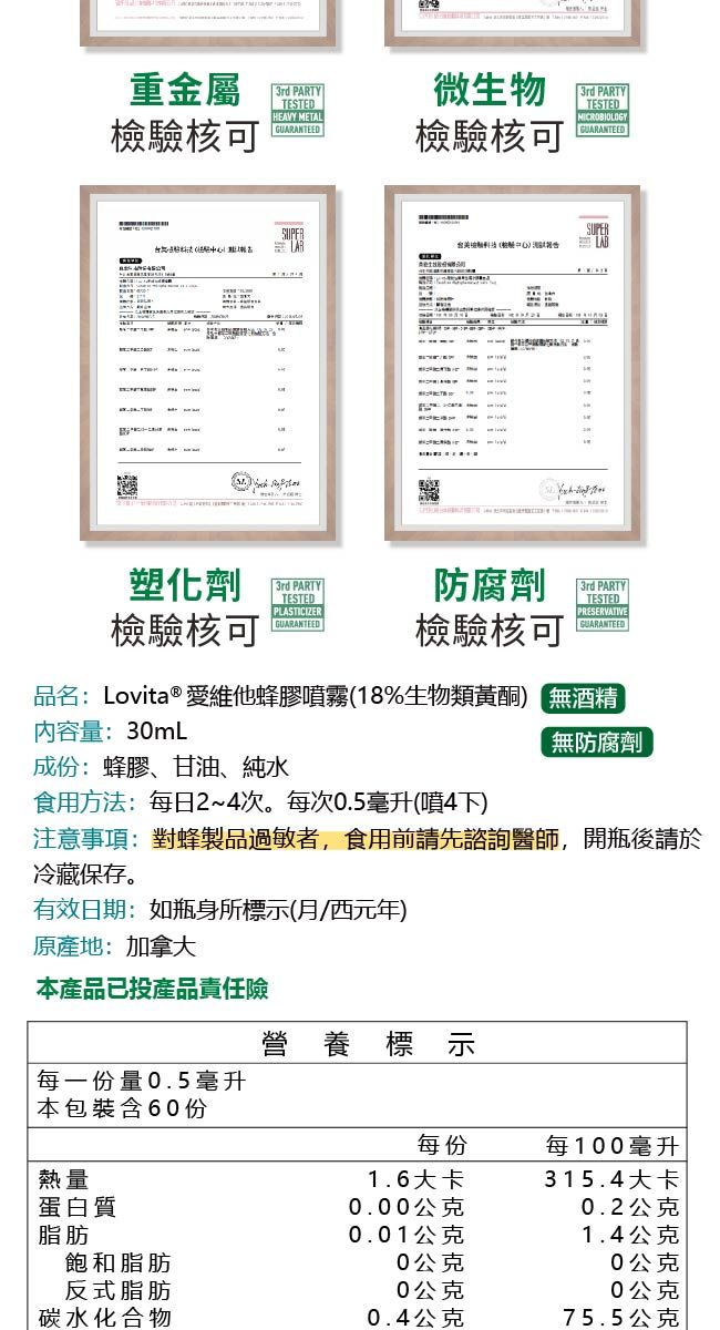 重金屬 3rd PARTYTESTED檢驗核可HEAVY METALGARANTEED微生物檢驗核可3rd PARTYTESTEDMICROBIOLOGYGUARANTEED ULARSUPER塑化劑3rd PARTY防腐劑TESTEDPLASTICIZER 3rd PARTY |TESTEDPRESERVATIVE檢驗核可GUARANTEED檢驗核可GUARANTEED品名:Lovita 愛他蜂膠(18%生物類 酒精內容量:30mL成份:蜂膠、甘油、純水食用方法:每日2~次。每次0.5毫升(4下)無防腐劑注意事項:對蜂製品過敏者,食用前請先諮詢醫師,開瓶後請於冷藏保存。有效日期:如瓶身所標示(月西元年)原產地:加拿大本產品已投產品責任險營養標示每一份量0.5毫升本包裝含60份每份每100毫升熱量1.6大卡315.4大卡蛋白質0.00公克0.2公克脂肪0.01公克1.4公克飽和脂肪0公克0公克反式脂肪0公克0公克碳水化合物0.4公克75.5公克
