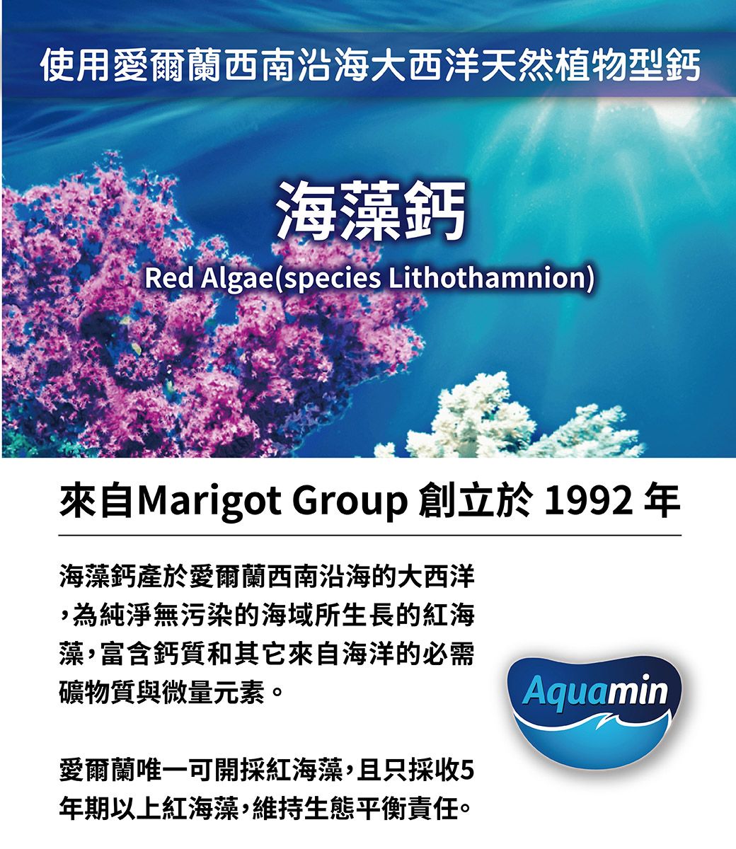 使用愛爾蘭西南沿海大西洋天然植物型鈣海藻鈣Red Algae(species Lithothamnion)來自Marigot Group 創立於1992 年海藻鈣產於愛爾蘭西南沿海的大西洋,為純淨無污染的海域所生長的紅海藻,富含鈣質和其它來自海洋的必需礦物質與微量元素。愛爾蘭唯一可開採紅海藻,且只採收5年期以上紅海藻,維持生態平衡責任。Aquamin