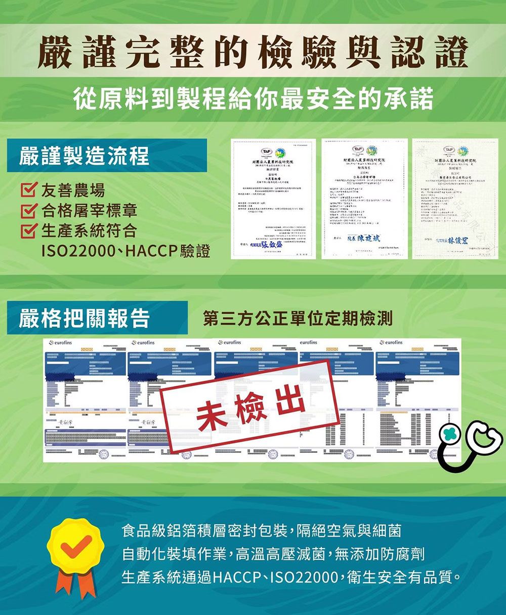 嚴謹完整的檢驗與認證從原料到製程給你最安全的承諾嚴謹製造流程 友善農場合格屠宰標章財團研究院生產系統符合陳建斌ISO22000、HACCP驗證俊宏嚴格把關報告 第三方公正單位定期檢測eurofinseurofinseurofins未檢出eurofinseurofins食品級鋁箔積層密封包裝隔絕空氣與細菌自動化裝填作業,高溫高壓滅菌,無添加防腐劑生產系統通過HACCP、ISO22000,衛生安全有品質。