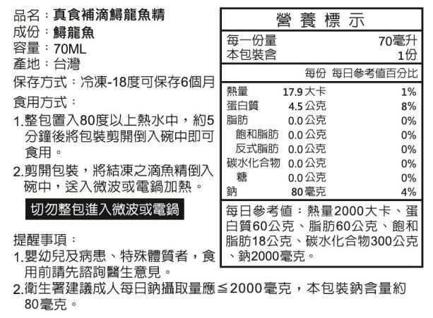 品名:真食補滴鱘龍魚精成份:鱘龍魚營養標示容量:70ML每一份量70毫升本包裝含1份產地:台灣每份 每日參考值百分比保存方式:冷凍-18度可保存6個月熱量17.9大卡1%食用方式:蛋白質4.5公克8%1.整包置入80度以上熱水中,約5分鐘後將包裝剪開倒入碗中即可食用。脂肪0.0公克0%飽和脂肪0.0公克0%反式脂肪0.0公克0%2.剪開包裝,將結凍之滴魚精倒入碗中,送入微波或電鍋加熱。切勿整包進入微波或電鍋碳水化合物糖0.0公克0%鈉0.0公克80毫克0%4%提醒事項:1. 嬰幼兒及病患特殊體質者,食用前請先諮詢醫生意見。每日參考值:熱量2000大卡、蛋白質60公克、脂肪60公克、飽和脂肪18公克、碳水化合物300公克、鈉2000毫克。2.衛生署建議成人每日鈉攝取量應≦2000毫克,本包裝鈉含量約80毫克。