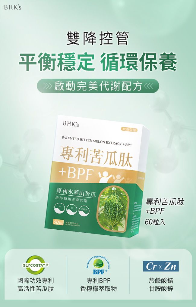 雙降控管平衡穩定 循環保養啟動完GLYCOSTAT國際功效專利高活性苦瓜肽BHKS代謝保證PATENTED BITTER MELON EXTRACT  BPF專利苦瓜肽專利水苦瓜維持醣類正常代謝專利苦瓜肽+BPF60粒入美食品 BPF 專利BPF香檸檬萃取物 Zn菸鹼酸甘胺酸鋅