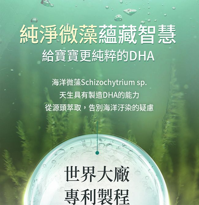 純淨微藻蘊藏智慧給寶寶更純粹的DHA海洋微藻Schizochytrium sp.天生具有製造DHA的能力從源頭萃取,告別海洋汙染的疑慮世界大廠專利製程