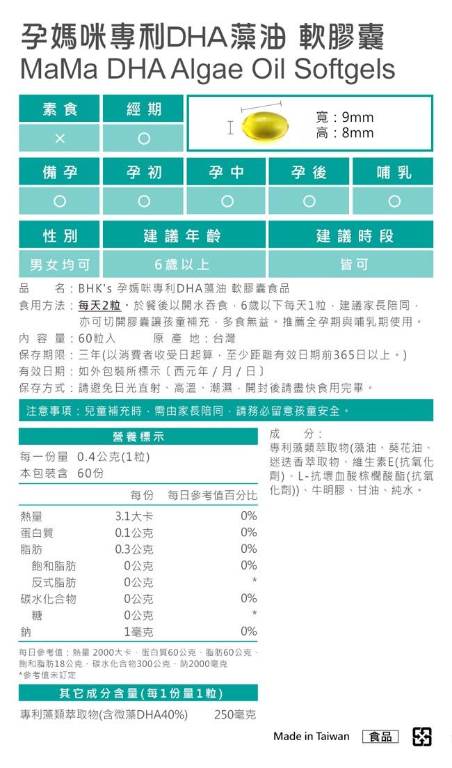 孕媽咪專利DHA油 軟膠囊MaMa DHA Algae il Softgels素食經期寬9mm高:8mm備孕孕初孕中孕後哺乳O性別建議年齡建議時段男女均可6歲以上皆可品名:BHKs 孕媽咪專利DHA藻油 軟膠囊食品食用方法:每天2粒於餐後以開水吞食6歲以下每天1粒建議家長陪同亦可切開膠囊讓孩童補充多食無益。推薦全孕期與哺乳期使用。原產地:台灣內容量:60粒保存期限:三年以消費者收受日起算至少距離有效日期前65日以上。有效日期:如外包裝所標示(西元年/月/日)保存方式:請避免日光直射高溫潮濕,開封後請盡快食用完畢。注意事項:兒童補充時,需由家長陪同,請務必留意孩童安全。營養標示分:每一份量 0.4公克(1粒)本包裝含 60份專利藻類萃取物(藻油、葵花油、迷迭香萃取物、維生素E(抗氧化劑)、L-抗壞血酸棕櫚酸酯(抗氧每份 每日參考值百分比 化劑))、牛明膠、甘油、純水。熱量3.1大卡0%蛋白質0.1公克0%脂肪0.3公克0%飽和脂肪0公克0%反式脂肪0公克碳水化合物0公克0%糖0公克1毫克0%每日參考值:熱量2000大卡、蛋白質60公克、脂肪0公克、飽和脂肪18公克、碳水化合物300公克、鈉2000毫克*參考值未訂定其它成分含量(每1份量1粒)專利藻類萃取物(含微藻DHA40%)250毫克Made in Taiwan 食品 3