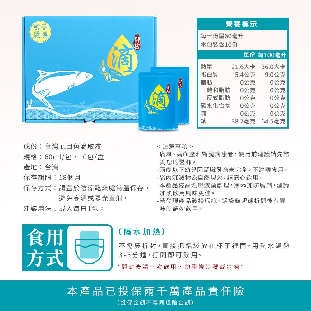 威品嚴選滴營養標示每一份量60毫升本包裝含10份每份 每100毫升熱量21.6大卡36.0大卡蛋白質5.4公克9.0公克脂肪0公克0公克飽和脂肪0公克0公克反式脂肪0公克0公克碳水化合物0公克0公克糖0公克0公克鈉38.7毫克64.5毫克成份:台灣虱目魚滴取液規格:60ml/包,10包/盒產地:台灣保存期限:18個月保存方式:請置於陰涼乾燥處常溫保存,避免高溫或陽光直射。 注意事項  痛風、高血壓和腎臟病患者,使用前建議請先諮詢您的醫師。 以下幼兒因腎臟發育未完全,不建議食用。-袋內沉澱物為自然現象,請安心飲用。-本產品經高溫壓滅菌處理,無添加防腐劑,建議加熱飲用風味更佳。-若發現產品破損瑕疵、鋁袋鼓起或拆開後有異味時請勿飲用。建議用法:成人每日1包。食用方式〔隔水加熱不需要拆封,直接把鋁袋放在杯子裡面,用熱水溫熱3-5分鐘,打開即可飲用。* 開封後請一次飲用,勿重複冷藏或冷凍*本產品已投保千萬產品責任險(投保金額不等同理賠金額)