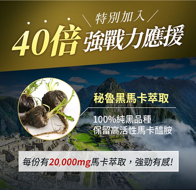 特別加入/40倍強戰力應援秘魯黑馬卡萃取100%純黑品種保留高活性馬卡醯胺每份有20,000mg馬卡萃取,強勁有感!