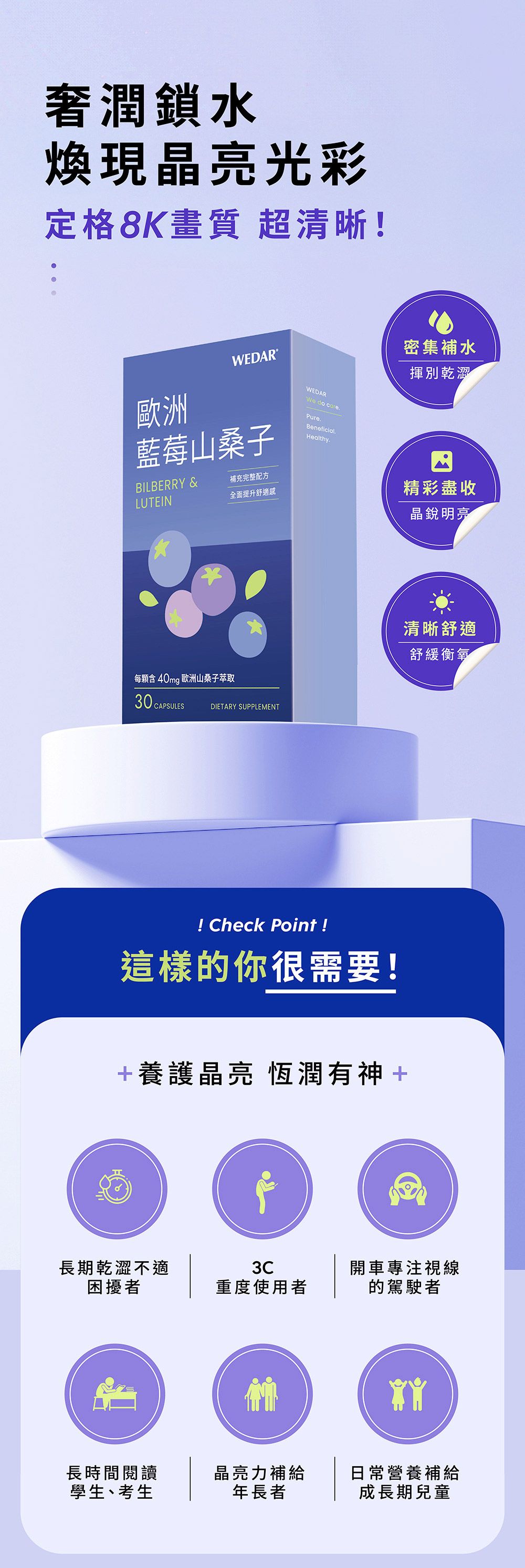 奢潤鎖水現晶亮光彩定格8K畫質 超清晰!WEDAR歐洲藍莓山桑子We do carePureBeneficialHealthy.BILBERRY &補充完整配方LUTEIN全面提升舒適感每顆含40mg 歐洲山桑子萃取30 CAPSULESDIETARY SUPPLEMENT! Check Point !這樣的你很需要!密集補水揮別乾澀精彩盡收晶銳明亮+養護晶亮 恆潤有神+清晰舒適舒緩衡氧長期乾澀不適困擾者3C開車專注視線重度使用者的駕駛者館長時間閱讀學生、考生晶亮力補給年長者日常營養補給成長期兒童