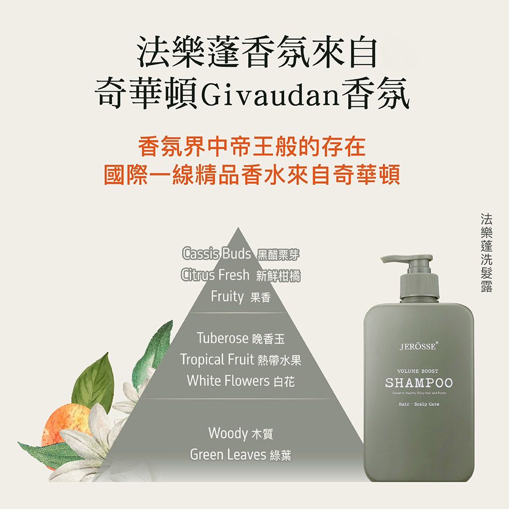 香氛來自奇華頓Givaudan香氛香氛界中帝王般的存在國際一線精品香水來自奇華頓Cassis Buds 黑醋栗芽Citrus Fresh 新鮮柑橘Fruity 果香Tuberose 晚香玉Tropical Fruit 熱帶水果White Flowers 白花Woody 木質Green Leaves 綠葉法樂蓬VOLUME BOOSTSHAMPOO   Shiny  and Hair Scalp Care