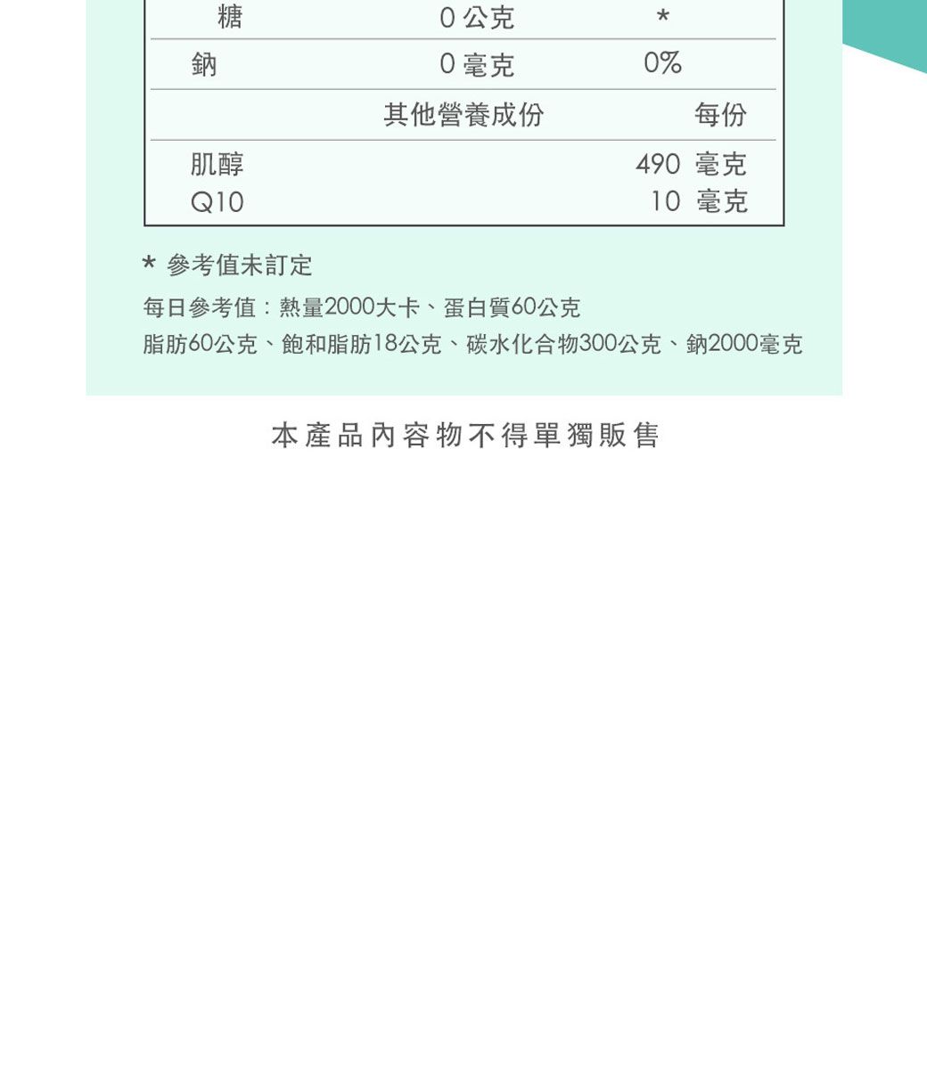 糖0公克鈉0毫克0%其他營養成份每份肌醇Q10490 毫克10 毫克*參考值未訂定每日參考值:熱量2000大卡、蛋白質60公克脂肪60公克、飽和脂肪18公克、碳水化合物300公克、鈉2000毫克本產品內容物不得單獨販售