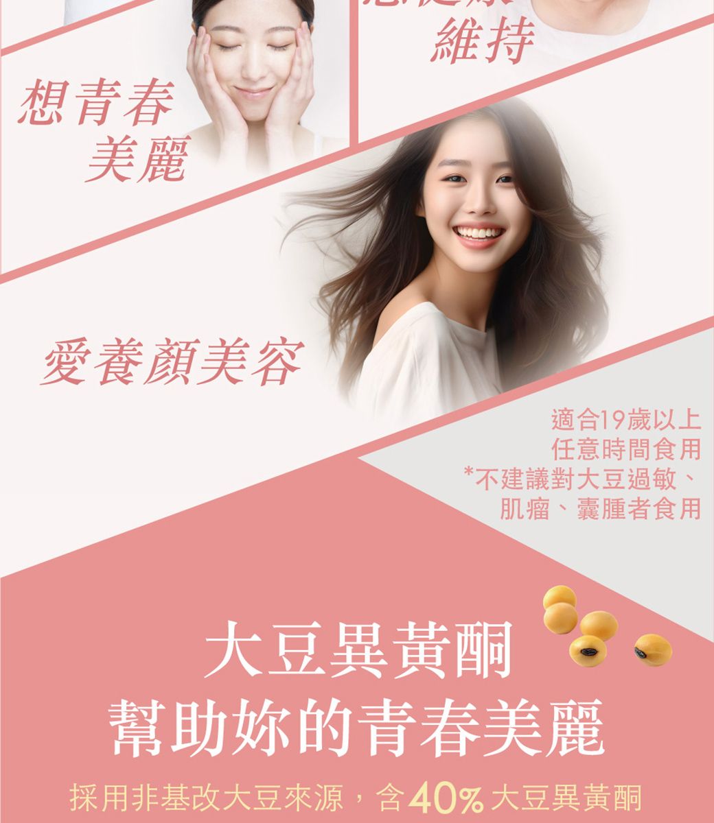 想青春美麗維持愛養顏美容適合19歲以上任意時間食用*不建議對大豆過敏、肌瘤、囊腫者食用大豆異黃酮幫助的青春美麗採用非基改大豆來源,含40%大豆異黃酮