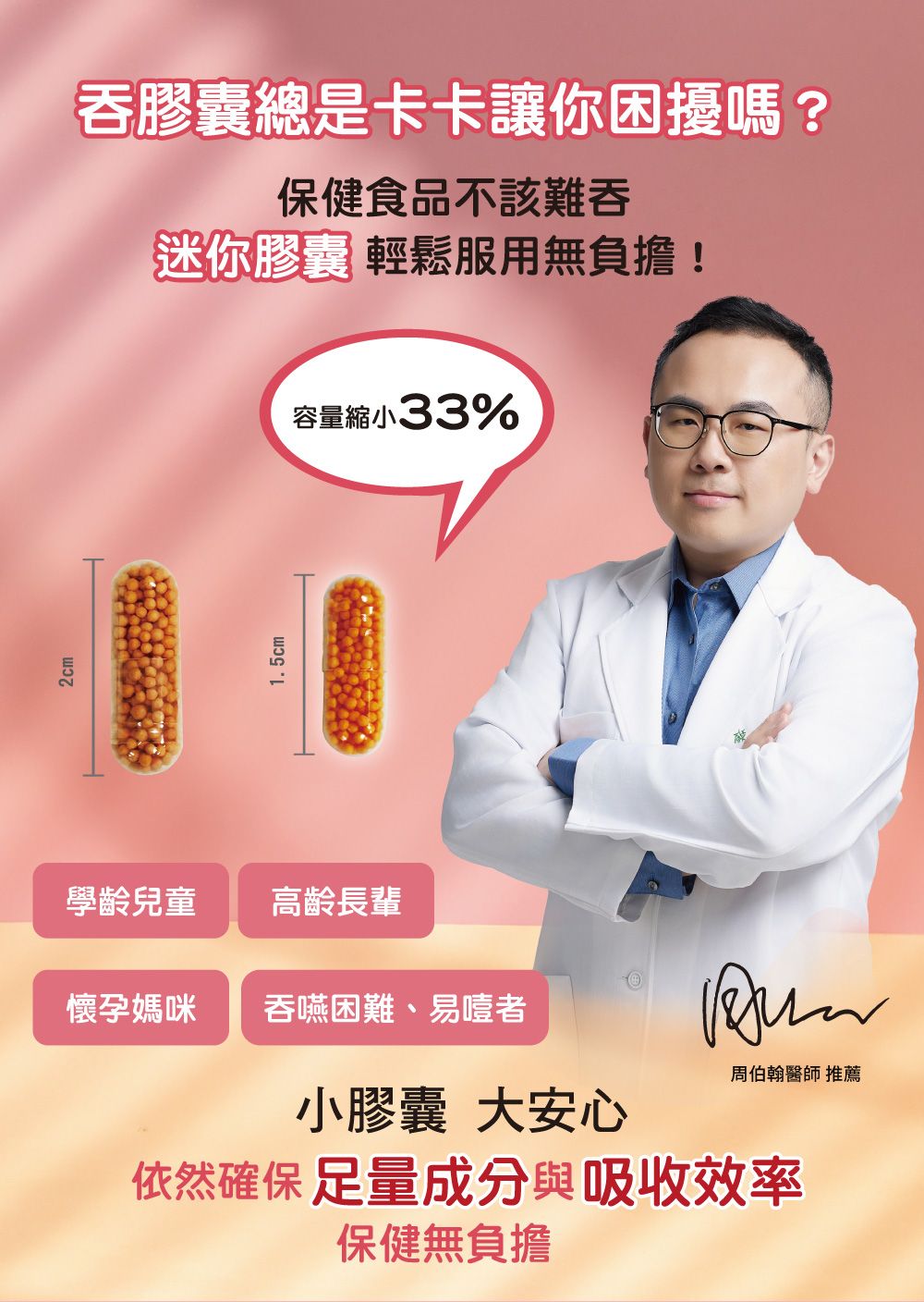 2cm吞膠囊總是卡卡讓你困擾嗎?保健食品不該難吞迷你膠囊 輕鬆服用無負擔!容量縮小33%1.5cm學齡兒童高齡長輩懷孕媽咪吞嚥困難、易者周伯翰醫師 推薦小膠囊 大安心依然確保 足量成分與吸收效率保健無負擔