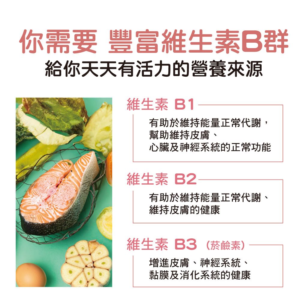 你需要 豐富維生素B群給你天天有活力的營養來源維生素 B1有助於維持能量正常代謝,幫助維持皮膚、心臟及神經系統的正常功能維生素B2有助於維持能量正常代謝、維持皮膚的健康維生素B3 (菸鹼素)增進皮膚、神經系統、黏膜及消化系統的健康