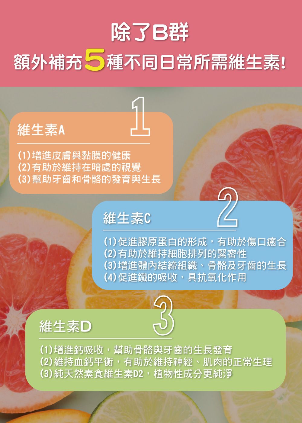 除了B群額外補充5種不同日常所需維生素!維生素A(1)增進皮膚與黏膜的健康1(2)有助於維持在暗處的視覺(3)幫助牙齒和骨骼的發育與生長維生素D維生素C2(1)促進膠原蛋白的形成,有助於傷口癒合(2)有助於維持細胞排列的緊密性(3)增進體內結締組織、骨骼及牙齒的生長(4)促進鐵的吸收,具抗氧化作用3(1)增進鈣吸收,幫助骨骼與牙齒的生長發育(2)維持血鈣平衡,有助於維持神經、肌肉的正常生理(3)純天然素食維生素D2,植物性成分更純淨