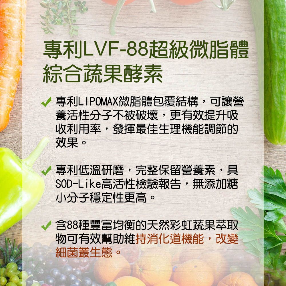 專利LF-88超級微脂體綜合蔬果酵素V 專利LIPOMAX微脂體包覆結構,可讓營養活性分子不被破壞,更有效提升吸收利用率,發揮最佳生理機能調節的效果。專利低溫研磨,完整保留營養素,具SOD-Like高活性檢驗報告,無添加糖小分子穩定性更高。含88種豐富均衡的天然彩虹蔬果萃取物可有效幫助維持機能,改變細菌叢生態。