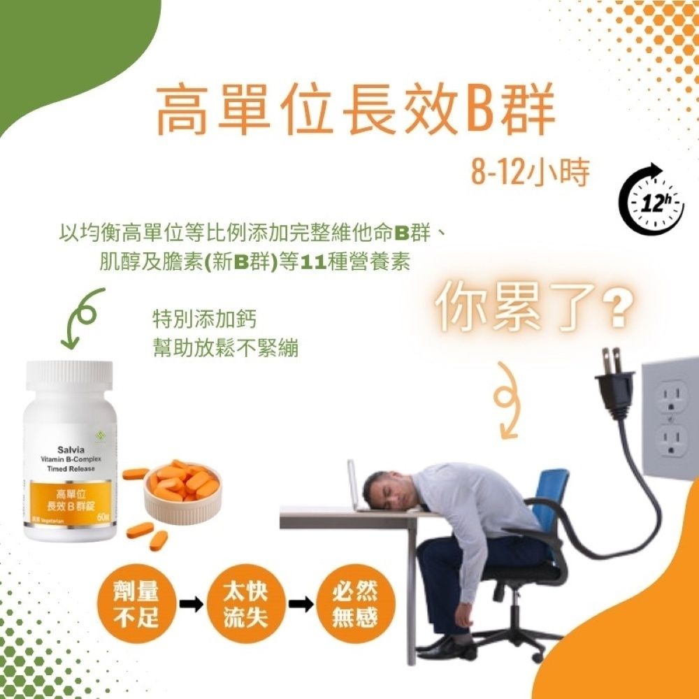 高單位長效B群8-12小時以均衡高單位等比例添加完整維他命B群、肌醇及膽素(新B群)等11種營養素特別添加鈣你累了?幫助放鬆不緊繃SalviaVitamin B-ComplexTimed Release高單位長效B群劑量太快必然不足流失無感12h