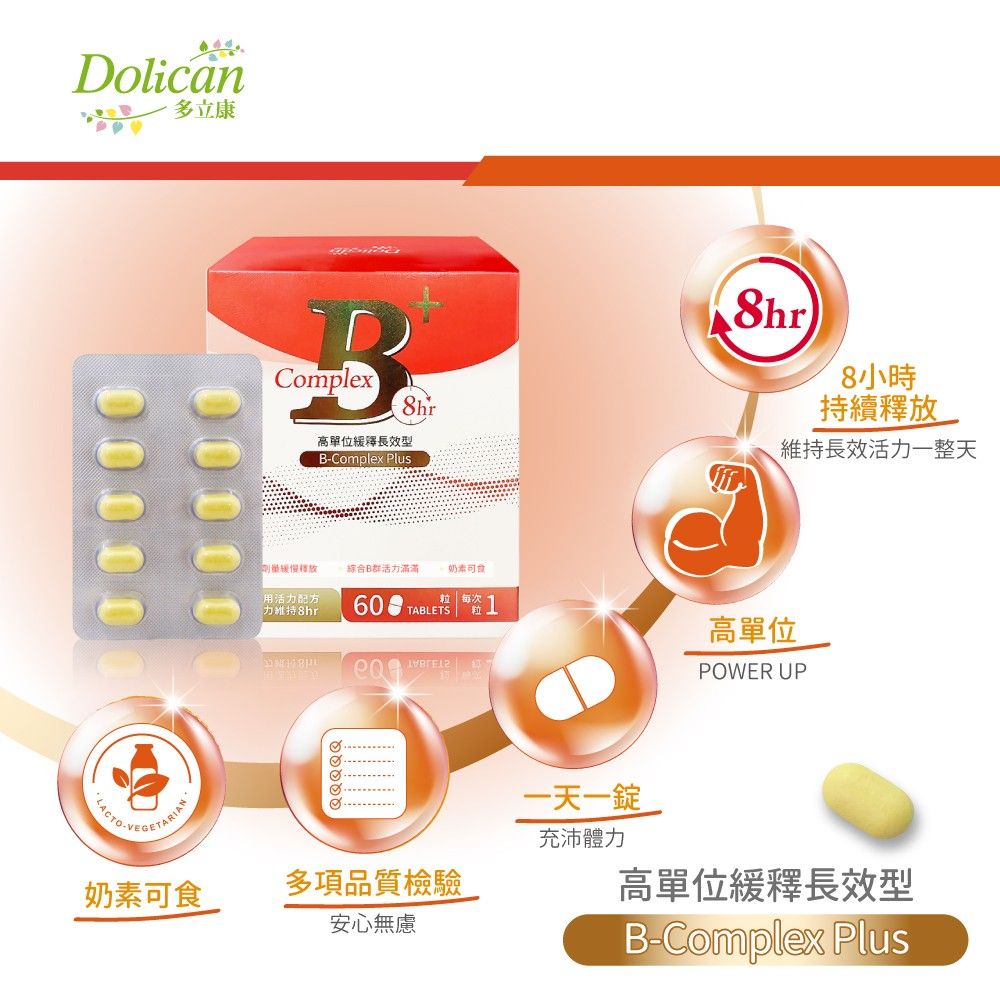 dolican 多立康  維生素B群緩釋膜衣錠60粒x3(完整8種綜合維生B群/緩釋B群/鈣/葉酸/長效吸收)