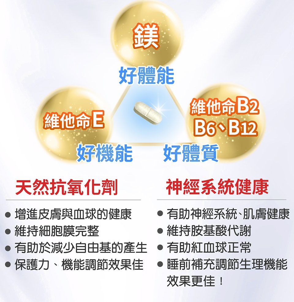 鎂好體能維他命E好機能天然抗氧化劑維他命B2B6、B12好體質神經系統健康有助神經系統、肌膚健康維持胺基酸代謝 增進皮膚與血球的健康維持細胞膜完整有助於減少自由基的產生保護力、機能調節效果佳●睡前補充調節生理機能•有助紅血球正常效果更佳!