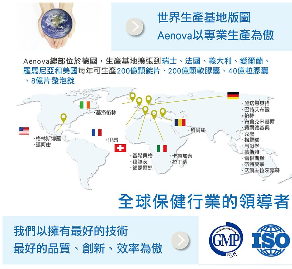 世界生產基地版圖Aenova以專業生產為傲Aenova總部位於德國,生產基地擴張到瑞士法國義大利、愛爾蘭、羅馬尼亞和美國每年可生產200億顆片、200億顆軟膠囊、40億粒膠囊、8億片發泡錠、基洛格林施塔恩貝格巴特艾布靈柏林布魯克米赫爾費爾德基科爾紐克恩格林斯博羅里昂格羅瑙邁阿密+·馬爾堡·蒙斯特基希貝格·卡魯加泰·雷根斯堡·穆滕茨·拉丁納·蒂特莫寧·錫瑟爾恩·沃爾夫拉茨豪森全球保健行業的領導者我們以擁有最好的技術 最好的品質、創新、效率為傲GMP ISO
