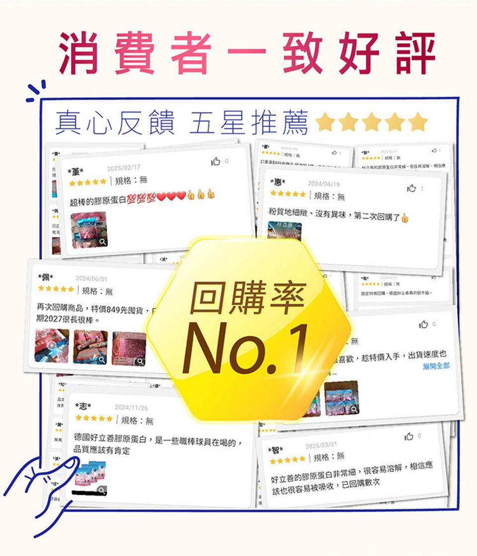 消費者一致評真心反饋 五星推薦2025/02/17 N 規格超棒的蛋白*惠*2024/04/19 規格粉質地、沒有異味第二次回了**2024/06/01 規格:無再次回購商特價849先期2027很棒回購率No1品 *志*2024/11/26 規格:無德國好立蛋白是一些職棒球員在的,品質該有肯ㄨˋ**2025/03/21.無應:無 :定購,好很。長喜歡,趁特價入手,出貨速度也展開全部 *****  規格:無好立善的膠原蛋白非常細,很容易溶解,相信應該也很容易被吸收,已回購數次