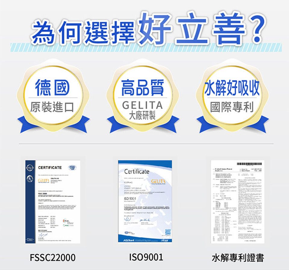 為何選擇好立善?德國IDD水解好吸收原裝進口國際專利大廠研製CERTIFICATECertificateGELITAFSSC22000 9001GELITAISO9001水解專利證書