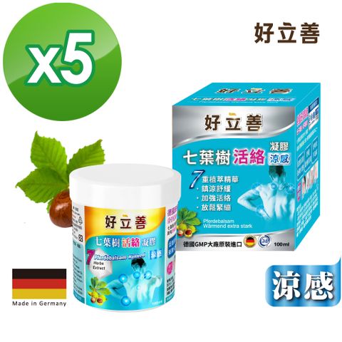Heilusan 好立善 七葉樹活絡凝膠-涼感100ml五入組(德國原裝 舒緩放鬆.肩頸按摩 7重植萃精華 馬栗 葡萄葉 樟腦)