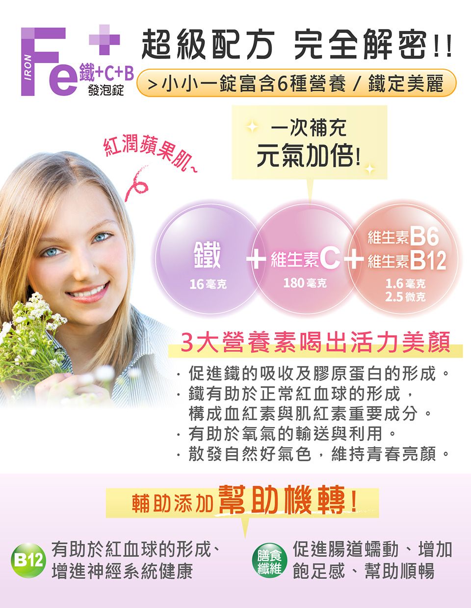 IRON 超級配方 完全解密!!鐵C+B發泡錠 小小一錠富含6種營養/鐵定美麗一次補充紅潤蘋果元氣加倍!維生素B6鐵+維生素C+維生素B1216毫克180毫克1.6毫克2.5微克3大營養素喝出活力美顏促進鐵的吸收及膠原蛋白的形成。鐵有助於正常紅血球的形成,構成血紅素與肌紅素重要成分。有助於氧氣的輸送與利用。散發自然好氣色,維持青春亮顏。輔助添加幫助轉!有助於紅血球的形成、(B12膳食促進腸道蠕動、增加增進神經系統健康飽足感、幫助順暢