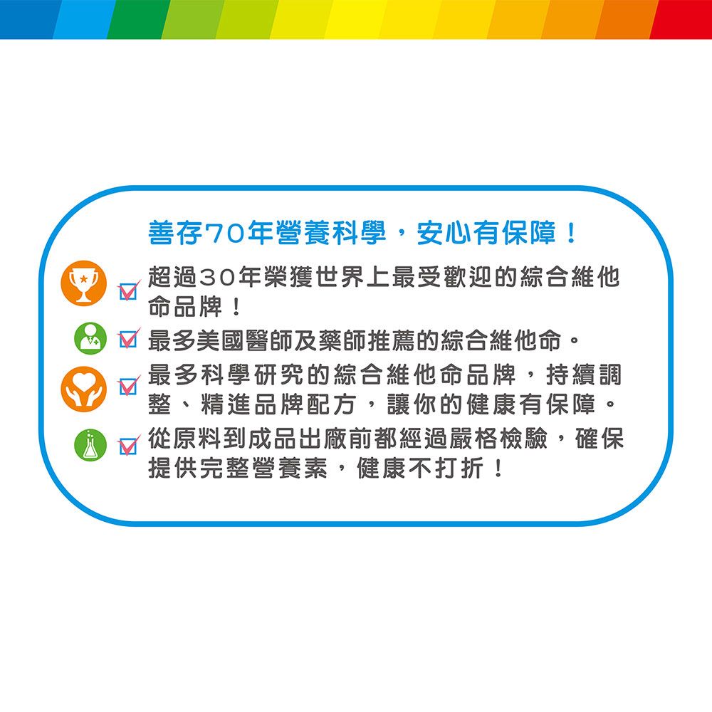 善存70年營養科學,安心有保障!超過30年榮獲世界上最受歡迎的綜合維他命品牌!最多美國醫師及藥師推薦的綜合維他命。最多科學研究的綜合維他命品牌,持續調☑整、精進品牌配方,讓你的健康有保障。從原料到成品出廠前都經過嚴格檢驗,確保提供完整營養素,健康不打折!