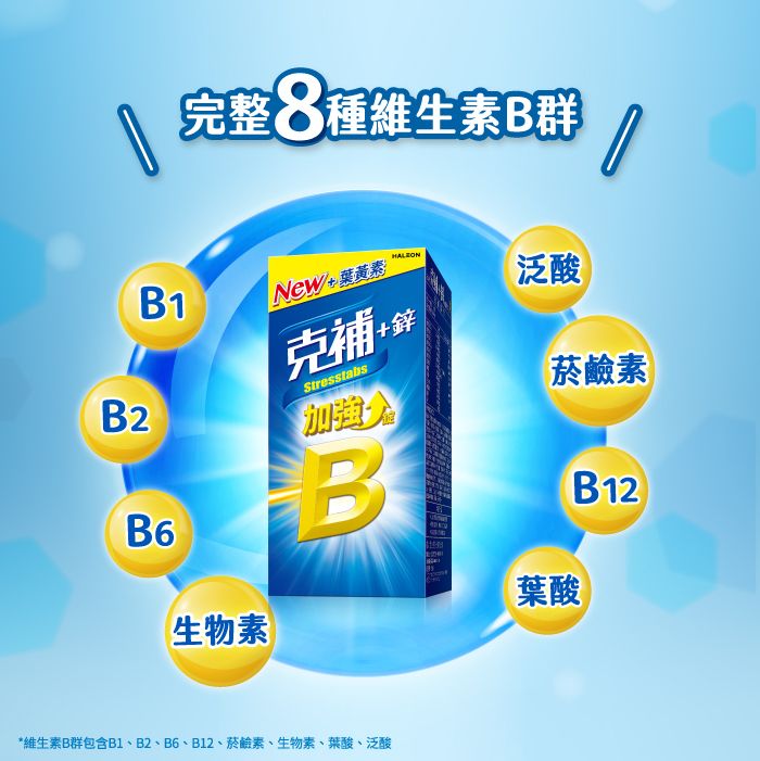 完整 8種維生素B群B1+葉黃素泛酸B2克+Stresstabs菸鹼素B6BB12葉酸生物素*維生素B群包含B1、B2、B6、B12、菸鹼素、生物素、葉酸、泛酸