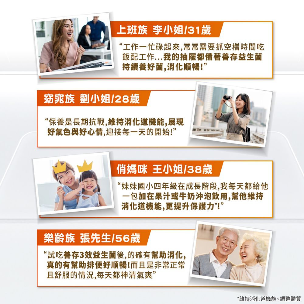 上班族 李小姐/31歲“工作一忙碌起來,常常需要抓空檔時間吃飯配工作...我的抽屜都備著善存益生菌持續養好菌,消化順暢!”窈窕族 劉小姐/28歲“保養是長期抗戰,維持消化道機能,展現好氣色與好心情,迎接每一天的開始!”俏媽咪 王小姐/38歲“妹妹國小四年級在成長階段,我每天都給他一包加在果汁或牛奶沖泡飲用,幫他維持消化道機能,更提升保護力!”樂齡族 張先生/56歲“試吃善存3效益生菌後,的確有幫助消化,真的有幫助排便好順暢!而且是非常正常且舒服的情況,每天都神清氣爽”*維持消化道機能、調整體質