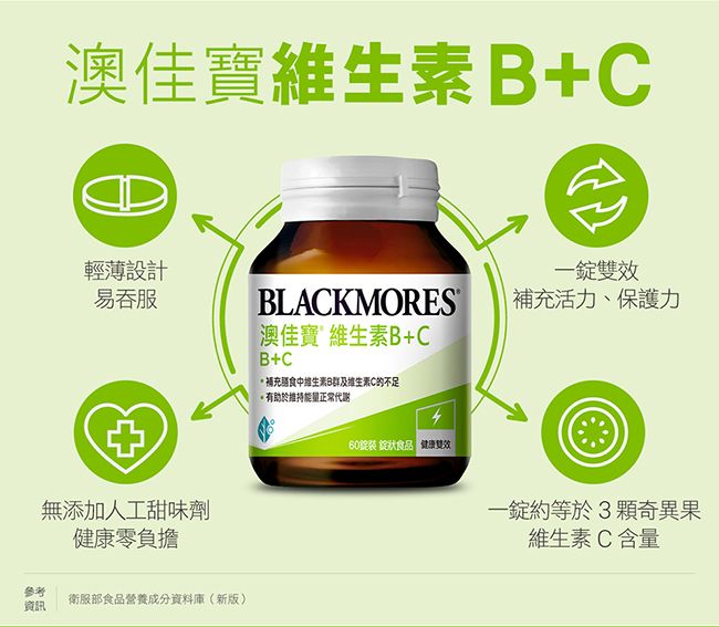 澳佳寶維生素BC輕薄設計易吞服+無添加人工甜味劑健康零負擔參考資訊衛服部食品營養成分資料庫(新版)BLACKMORES澳佳寶 維生素B+CB+C補充食中維生素B群及維生素C的不足維持能量正常代謝一雙效補充活力、保護力60錠狀食品雙效一錠約等於3顆奇異果維生素C含量