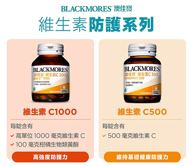 BLAKMORES 澳佳寶維生素防護系列BLACKMORES澳佳寶 維生素C1000 C 1000BLACKMORES澳佳寶 維生素CVITAMIN C 500維生素C1000每錠含有維生素C500每錠含有√ 高單位1000毫克維生素C√500毫克維生素C√100毫克柑橘生物類黃酮高強度防護力維持基礎健康防護力