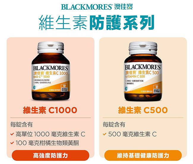 BLACKMORES 佳寶維生素防護系列BLACKMORES澳佳寶 維生素BIO C 1000BLACKMORES澳佳寶 維生素C VITAMIN C 維生素C1000維生素 C500每錠含有每錠含有√ 高單位1000毫克維生素C√500毫克維生素C√100毫克柑橘生物類黃酮高強度防護力維持基礎健康防護力