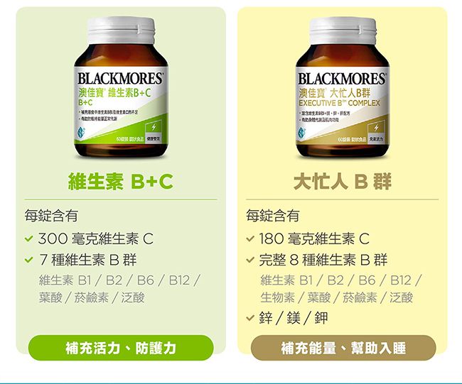 LACKMORES佳寶維生素B+CB+C維生素B+C每錠含有每錠含有BLACKMORES澳佳寶 大忙人B群EXECUTIVE B COMPLEX大忙人B群√300毫克維生素C7種維生素B群維生素B1/B2/B6/B12/葉酸/菸鹼素/泛酸√180毫克維生素C√完整8種維生素B群維生素B1/B2/B6/B12/生物素/葉酸/菸鹼素/泛酸√鋅/鎂/鉀補充活力、防護力補充能量、幫助入睡