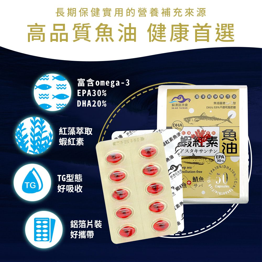 SU-AO TAIWAN 蘇澳區漁會 蝦紅素+TG型深海魚油 DHA&EPA軟膠囊( (100粒/盒)