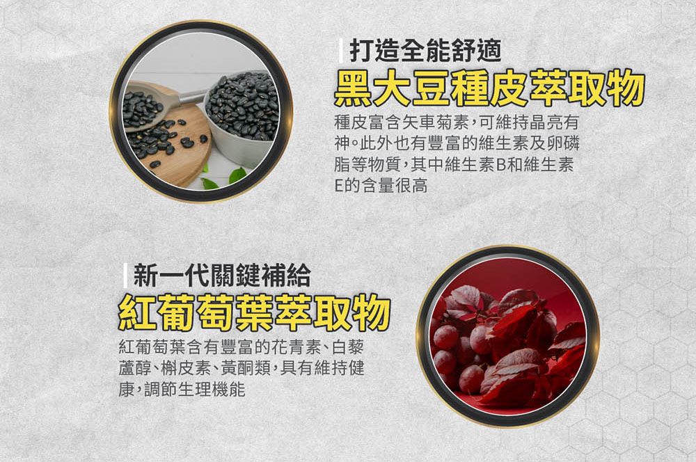 打造全能舒適黑大豆種皮萃取物種皮富含矢車菊素,可維持晶亮有神。此外也有豐富的維生素及卵磷脂等物質,其中維生素B和維生素E的含量很高新一代關鍵補給紅葡萄葉萃取物紅葡萄葉含有豐富的花青素、白藜蘆醇、槲皮素、黃酮類,具有維持健康,調節生理機能