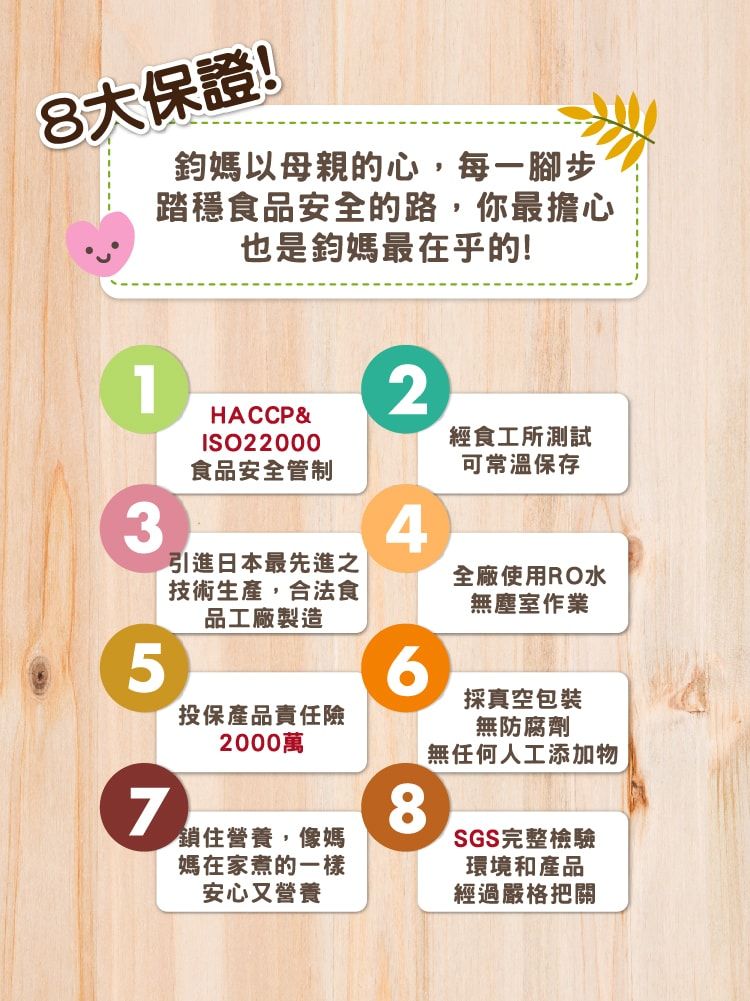 8大保證!鈞媽以母親的心,每一腳步踏穩食品安全的路,你最擔心也是鈞媽最在乎的!1HACCP&ISO220002經食工所測試食品安全管制可常溫保存34引進日本最先進之全廠使用RO水技術生產,合法食無塵室作業品工廠製造56採真空包裝投保產品責任險無防腐劑72000萬鎖住營養,像媽媽在家煮的一樣安心又營養SGS完整檢驗環境和產品經過嚴格把關無任何人工添加物8