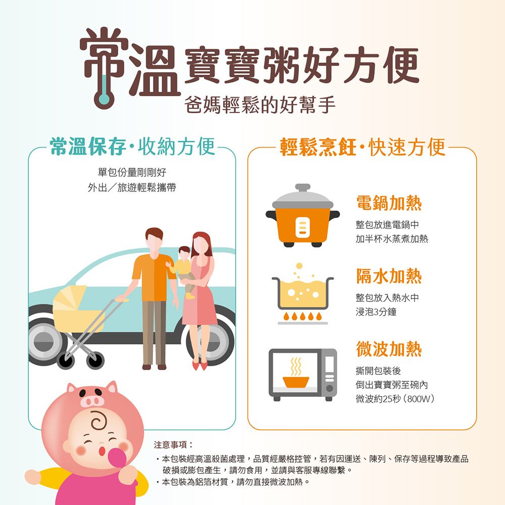 常溫寶寶粥好方便爸媽輕鬆的好幫手-常溫保存收納方便 輕鬆烹飪·快速方便單包份量剛剛好外出/旅遊輕鬆攜帶電鍋加熱整包放進電鍋中加半杯水蒸煮加熱隔水加熱整包放入熱水中浸泡3分鐘微波加熱撕開包裝後倒出寶寶粥至碗內微波約25秒(800W)注意事項:本包裝經高溫殺菌處理,品質經嚴格控管,若有因運送、陳列、保存等過程導致產品破損或膨包產生,請勿食用,並請與客服專線聯繫。·本包裝為鋁箔材質,請勿直接微波加熱。