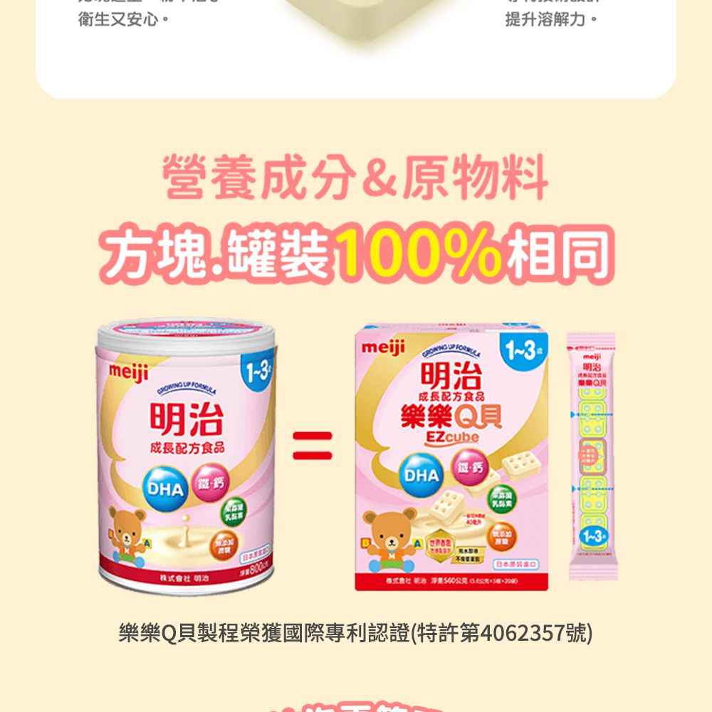 衛生又安心。提升溶解力。營養成分&原物料方塊罐裝100%相同meiji   UP  meiji 明治成長配方食品DHA 明治成長配方食品樂樂QEZcubeDHA微·鈣1- 日本原裝 明治 公克3樂樂Q貝製程榮獲國際專利認證(特許第4062357號)