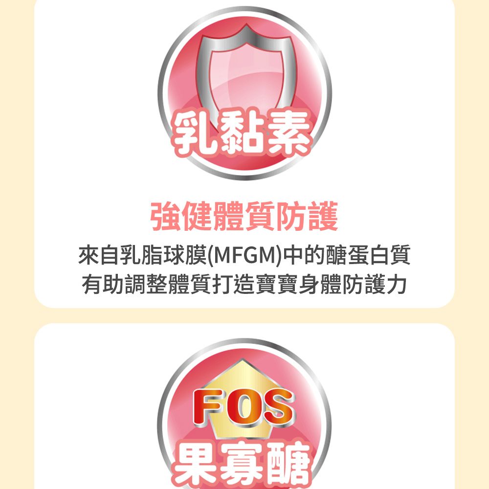 乳黏素強健體質防護來自乳脂球膜(MFGM)中的醣蛋白質有助調整體質打造寶寶身體防護力FOS果寡醣