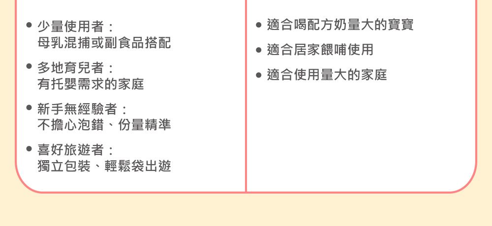 少量使用者:母乳混捕或副食品搭配 多地育兒者:有托嬰需求的家庭新手無經驗者:不擔心泡錯、份量精準 喜好旅遊者:獨立包裝、輕鬆袋出遊適合喝配方奶量大的寶寶 適合居家餵哺使用 適合使用量大的家庭