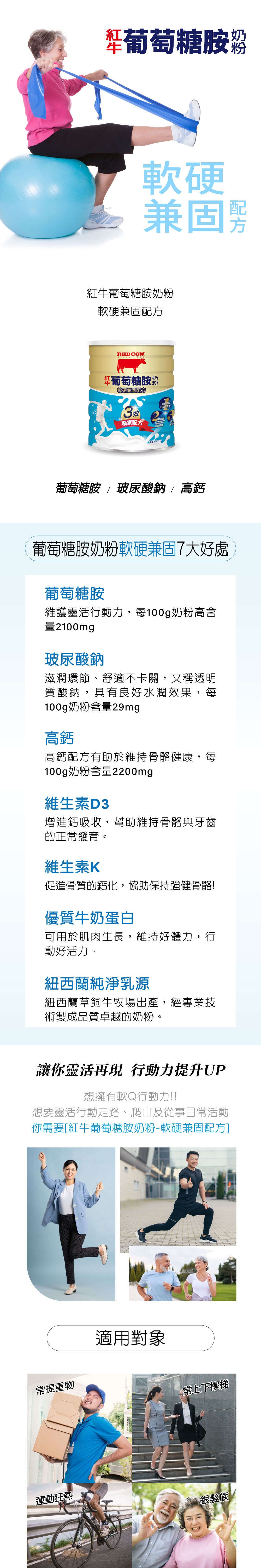 葡萄糖胺軟硬兼固紅牛葡萄糖胺奶粉軟硬兼固配方RED . 葡萄糖胺軟硬兼固配方獨家配方公斤葡萄糖胺 玻尿酸鈉高鈣葡萄糖胺奶粉軟硬兼固7大好處葡萄糖胺維護靈活行動力,每100g奶粉高含量2100mg玻尿酸鈉滋潤環節、舒適不卡關,又稱透明質酸鈉,具有良好水潤效果,每100g奶粉含量29mg高鈣高鈣配方有助於維持骨骼健康,每100g奶粉含量2200mg維生素D3增進鈣吸收,幫助維持骨骼與牙齒的正發育。維生素K促進骨質的鈣化,協助保持強健骨骼!優質牛奶蛋白可用於肌肉生長,維持好體力,行動好活力。紐西蘭純淨乳源紐西蘭草飼牛牧場出產,經專業技術製成品質卓越的奶粉。讓你靈活再現 行動力提升UP想擁有軟Q行動力!!想要靈活行動走路、爬山及從事日常活動你需要[紅牛葡萄糖胺奶粉-軟硬兼固配方]常提重物運動狂熱適用對象常上下樓梯銀髮族