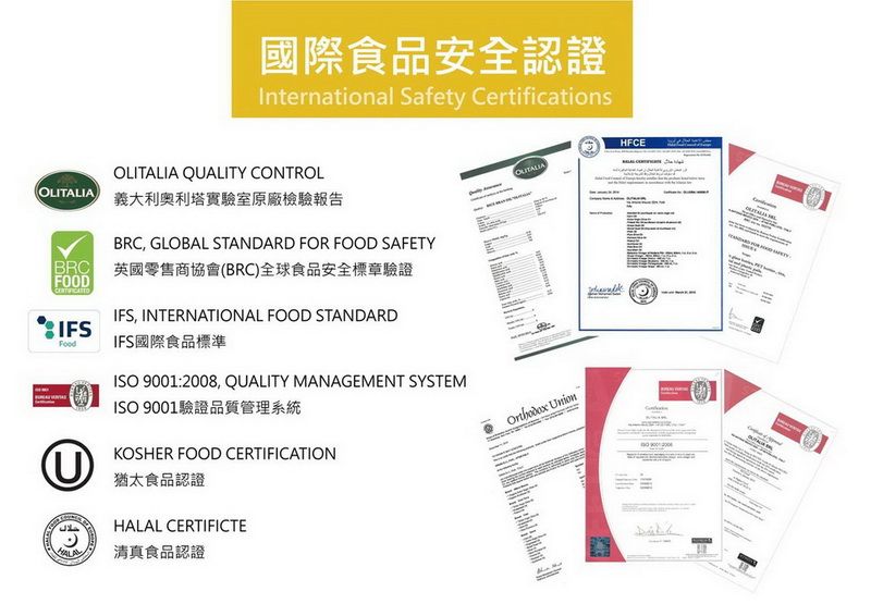 國際食品安全認證International Safety CertificationsHFCE QALITY CONTROLOLITALIAOLITALIA義大利奧利塔實驗室原廠檢驗報告BRC GLOBAL STANDARD FOR FOOD SAFETYBRCFOOD英國零售商協會(BRC)全球食品安全標章驗證IFSIFS, INTERNATIONAL FOOD STANDARDIFS國際食品標準ISO 9001:2008, QUALITY MANAGEMENT SYSTEMISO 9001驗證品質管理系統UKOSHER FOOD CERTIFICATION猶太食品認證HALAL CERTIFICTEHAL清真食品認證 Union