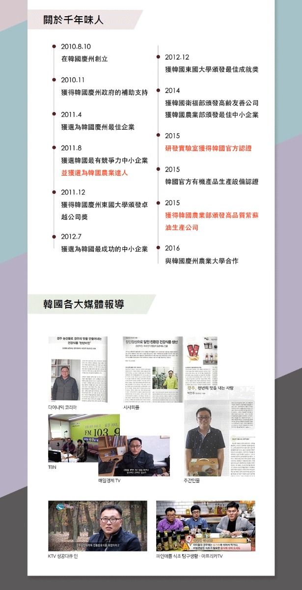 關於千年味人2010.8.10在韓國創立2012.12獲韓國東國大學頒發最佳成就獎2010.11獲得韓國政府的補助支持2011.42014獲韓國衛福部頒發高齡友善公司獲韓國農業部頒發最佳中小企業獲選為韓國慶州最佳企業20152011.8研發實驗室獲得韓國官方認證獲選韓國最有競爭力中小企業並獲選為韓國農業達人2015韓國官方有機產品生產設備認證2011.12獲得韓國慶州東國大學頒發卓越公司獎2015獲得韓國農業部頒發高品質紫蘇油生產公司2012.7獲選為韓國最成功的中小企業2016與韓國慶州農業大學合作韓國各大媒體報導  다이나믹 코리아TBN  천년의 맛 내는 사람주간인물파인애플식초생활 아프리카TV
