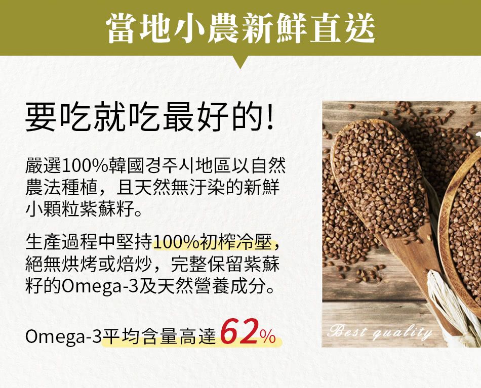 當地小農新鮮直送要吃就吃最好的!嚴選100%韓國地區以自然農法種植,且天然無汙染的新鮮小顆粒紫蘇籽。生產過程中堅持100%初榨冷壓,絕無烘烤或焙炒,完整保留紫蘇籽的Omega-3及天然營養成分。Omega-3平均含量高達62%Best