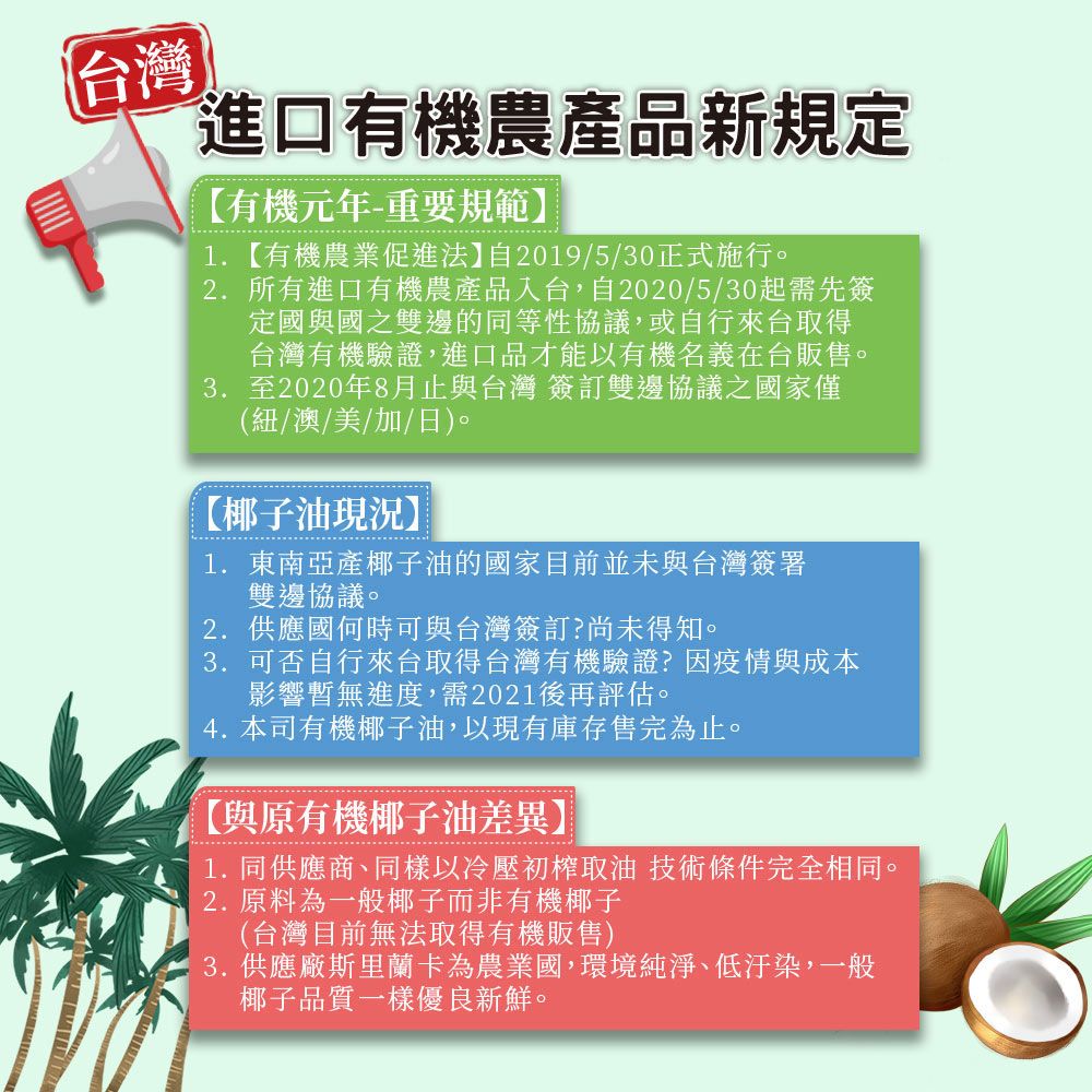 台灣進口有機農產品新規定有機元年-重要規範】1.【有機農業促進法】自2019/5/30正式施行。2. 所有進口有機農產品入台,自2020/5/30起需先簽定國與國之雙邊的同等性協議,或自行來台取得台灣有機驗證,進口品才能以有機名義在台販售。3. 至2020年8月與台灣 簽訂雙邊協議之國家僅(紐/澳/美/加/日)。【椰子油現況】1. 東南亞產椰子油的國家目前並未與台灣簽署雙邊協議。2. 供應國何時可與台灣簽訂?尚未得知。3. 可否自行來台取得台灣有機驗證?因疫情與成本影響暫無進度,需2021後再評估。4. 本司有機椰子油,以現有庫存售完為止。【與原有機椰子油差異】1. 同供應商、同樣以冷壓初榨取油 技術條件完全相同。2.原料為一般椰子而非有機椰子(台灣目前無法取得有機販售)3. 供應廠斯里蘭卡為農業國,環境純淨、低汙染,一般椰子品質一樣優良新鮮。