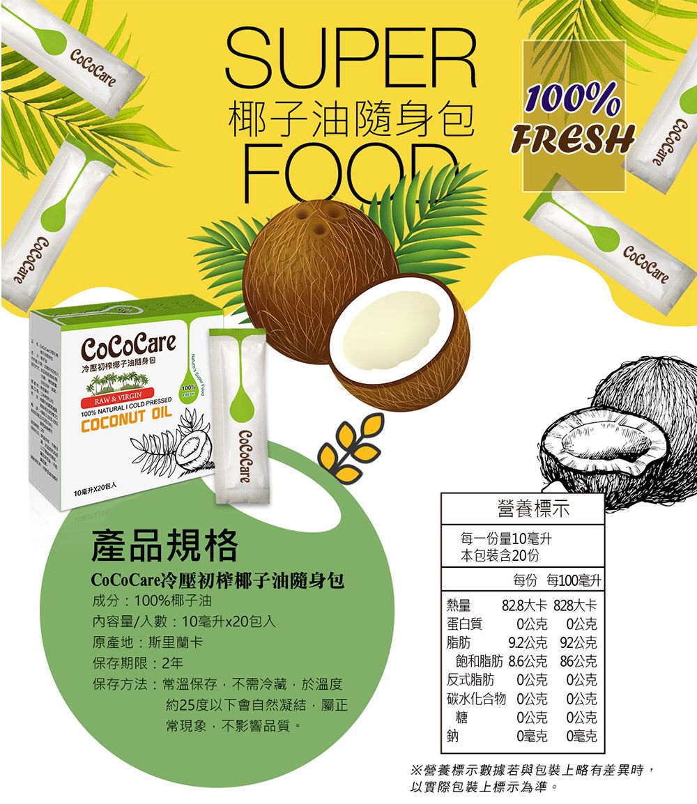 CoCoCareCoCoCareCoCoCareSUPER椰子油隨身包FOOD10%FRESHCoCoCare冷壓初榨椰子油包RAW & VIRGIN100% NATURALI COLD PRESSEDCOCONUT OIL100%CoCoCareCoCoCare產品規格營養標示每一份量10毫升本包裝含20份CoCoCare冷壓初榨椰子油隨身包每份 每100毫升成分:100%椰子油內容量/入數:10毫升x20包入熱量蛋白質82.8大卡 828大卡0公克0公克保存期限:2年原產地:斯里蘭卡保存方法:常溫保存不需冷藏於溫度脂肪9.2公克 92公克飽和脂肪 8.6公克反式脂肪86公克0公克0公克約25度以下會自然凝結屬正碳水化合物0公克0公克糖0公克0公克常現象,不影響品質。鈉0毫克毫克10毫升X20包入※營養標示數據若與包裝上略有差異時,以實際包裝上標示為準。