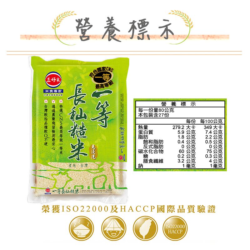 三好米 一等長秈糙米(2.2Kg)